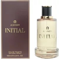 Aigner Initial Eau De Toilette 100ml bottle with transparent glass and black cap, next to a brown box.