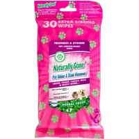 Pink pack of Airpure Naturally Gone Pet Odour & Stain Remover Wipes, 30 pcs, with paw prints and pet images.
