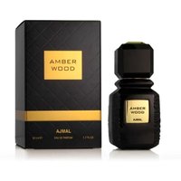 Black Ajmal Amber Wood EDP spray bottle with gold label, next to matching black and gold box.