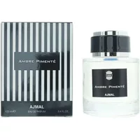 Ajmal Ambre Pimente Eau De Parfum 100ml with black-striped box and clear bottle featuring a black label and cap.