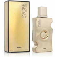 Ajmal Evoke Gold EDP 75 ml perfume with gold sculpted bottle and matching gold box with black accents.