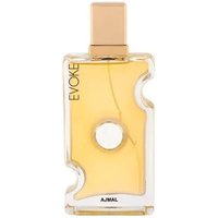 Transparent bottle of Ajmal Evoke Her EDP with gold cap, curved edges, and circular cutout design, 75 ml capacity.