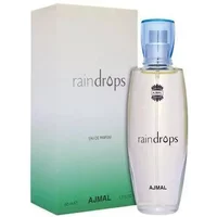 Ajmal Raindrops Eau De Parfum 50ml with clear oval bottle, blue cap, and gradient green-white box.