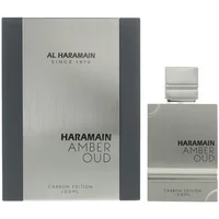 Silver Al Haramain Amber Oud Carbon Edition perfume bottle and box with sleek gray accents, 100ml.