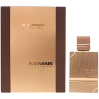 Amber Oud Eau De Parfum 60ml by Al Haramain, gold rectangular bottle with matching cap, brown and gold packaging.