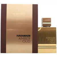 Al Haramain Amber Oud Gold Edition perfume, 100ml, in a gold rectangular bottle with matching gold and brown box.