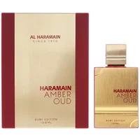 Al Haramain Amber Oud Ruby Eau De Parfum 100ml, gold rectangular bottle with red accents and matching box.