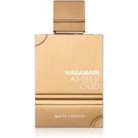 Al Haramain Amber Oud White Edition Eau De Parfum, gold rectangular bottle with embossed details, 60ml.