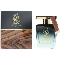 Al Haramain Areej Al Oud Eau De Parfum 100ml, black and gold bottle with brown leather strap, wood-patterned box.