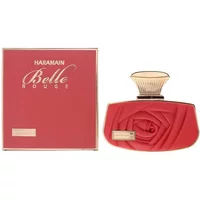 Al Haramain Belle Rouge Eau De Parfum 75ml, red bottle with rose design and gold cap, matching red box.
