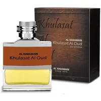 Al Haramain Khulasat Al Oud Eau De Parfum 100ml, clear glass bottle with silver cap and brown label, box in background.