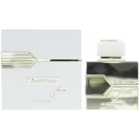White and silver Al Haramain L'Aventure Femme Eau De Parfum bottle and box, 100ml, with sleek geometric design.