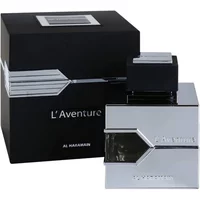 Silver Al Haramain L'Aventure Homme Eau De Parfum bottle with black cap, alongside black and silver box.