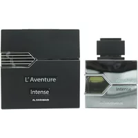 Black and silver Al Haramain L'Aventure Intense Eau De Parfum bottle and box, 100ml, with geometric design.