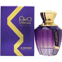Purple Al Haramain Maryam Eau De Parfum bottle with gold cap, next to matching purple box with gold accents.
