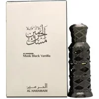 Black ornate Al Haramain Musk Black Vanilla perfume oil bottle with silver accents, next to white box with Arabic script.