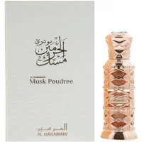 Al Haramain Musk Poudree Perfume Oil 12ml in ornate rose gold bottle with geometric patterns, next to elegant white box.