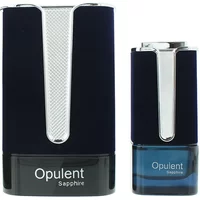 Dark blue Al Haramain Opulent Sapphire Eau De Parfum bottle with silver accents and black base, 100ml.