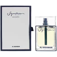 Al Haramain Signature Blue Eau De Parfum 100ml in clear rectangular bottle with blue cap and matching box.