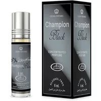 Black and silver Al-Rehab Champion Black roll-on oil, 6ml, with matching box, featuring elegant script and logo.