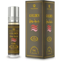 Al-Rehab Golden Roll-On Oil 6ml, silver cap, brown label with gold accents, next to matching box.