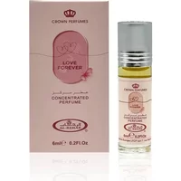 Al-Rehab Love Forever Roll-On Oil 6ml with pink box, silver cap, and clear bottle showing light yellow liquid.