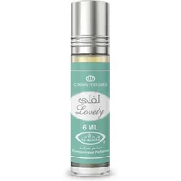 Al-Rehab Lovely Perfume Oil 6ml in a silver-capped bottle with turquoise label and white accents.