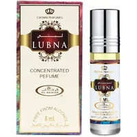 Al-Rehab Lubna Roll-On Oil 6ml, silver cap, clear bottle with gold label, next to matching box with ornate design.