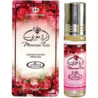 Al-Rehab Moroccan Rose Roll-On Oil 6ml, clear bottle with pink floral label, silver cap, matching decorative box.