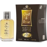 Al-Rehab Oud & Rose Eau De Parfum 50ml in clear bottle with silver cap, next to black and gold box.