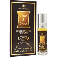 Al-Rehab Oud & Rose Roll-On Oil 6ml, gold and black box, silver cap, clear bottle with amber liquid.
