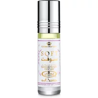 Clear glass bottle with silver cap, labeled "Soft" in gold, containing Al-Rehab perfume oil, 6ml size.