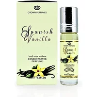 Al-Rehab Spanish Vanilla Roll-On Oil 6ml, clear glass bottle with silver cap, yellow label featuring vanilla flower.