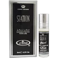 Al-Rehab Station Roll-On Oil 6ml, silver cap, black label with white text, boxed in matching black and silver packaging.