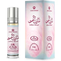Al-Rehab Sukkar Banat Roll-On Oil 6ml, clear bottle with pink Arabic script, silver cap, matching pink box.