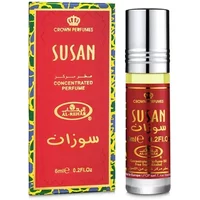 Al-Rehab Susan Roll-On Oil 6ml, red and gold bottle with silver cap, matching box with yellow and green accents.