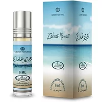 Al-Rehab Zahrat Hawaii Roll-On Oil 6ml, clear bottle with silver cap, beach-themed box design.