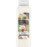 Alberto Balsam Coconut & Lychee Shampoo, 350ml clear bottle with coconut images and green leaf accents.