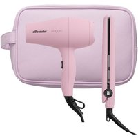 Lilac travel hairdryer and flat iron set with matching zippered case, compact design, black cords.