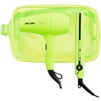 Neon yellow travel hairdryer and straightener set in a transparent case with black cords.