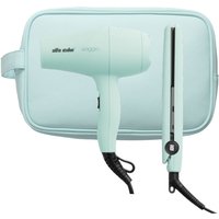Pistachio green travel hairdryer and flat iron set with matching zippered case.