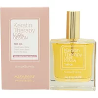 Clear glass bottle with gold cap, labeled "Keratin Therapy The Oil" by Alfaparf, next to a pink box.