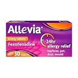 Purple Allevia allergy tablets box, 120mg fexofenadine, 30 tablets, 24hr relief, orange and white text.