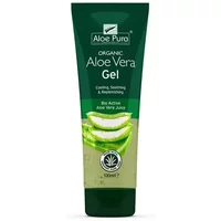 Green tube of Aloe Pura Organic Aloe Vera Gel 100ml with aloe leaf images and white text.