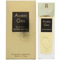 Alyssa Ashley Ambre Gris Eau De Parfum 50ml, gold box, clear bottle with gold cap and black label.