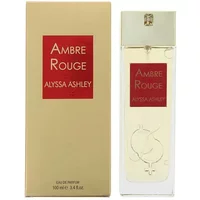 Amber bottle of Alyssa Ashley Ambre Rouge Eau De Parfum 100ml with red label and gold cap, next to matching box.