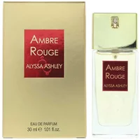 Gold-capped Alyssa Ashley Ambre Rouge Eau De Parfum 30ml with red label, next to matching gold box.