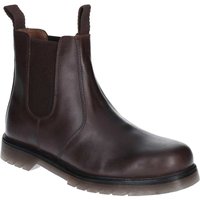 Brown leather slip-on dealer boots with elastic side panels and pull tabs, featuring a sturdy sole and rounded toe.