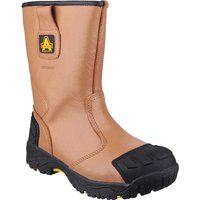 Brown Amblers FS143 waterproof safety rigger boots with black reinforced toe and heel, slip-resistant sole.