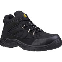 Black Amblers FS151 vegan safety boots with padded ankle, metal eyelets, and slip-resistant sole.